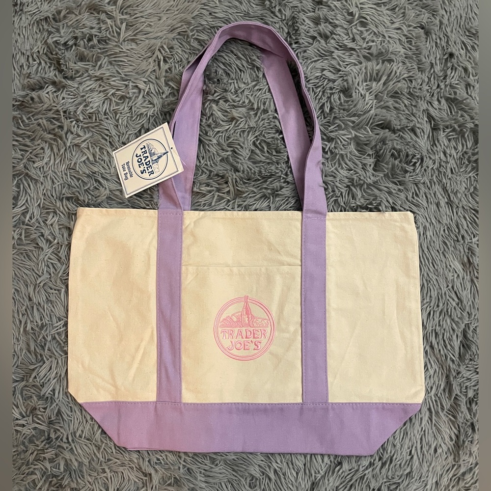 NWT Trader Joe’s Large Canvas Tote Bag in pastel purple color